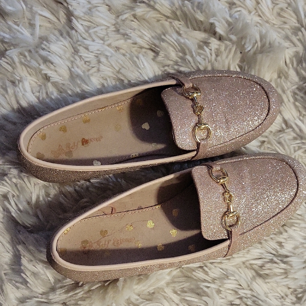 Glittery Pink Loafers with Gold Accents